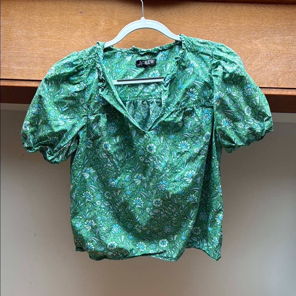 J. Crew Green Short Sleeve Blouse with Notched Collar
